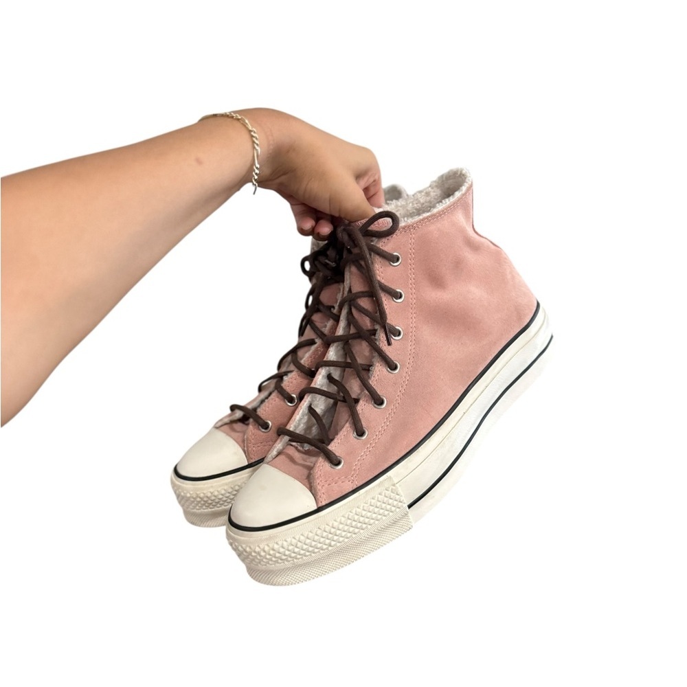 CONVERSE All-Star Platform Suede Leather Sherpa Pink High-Top Sneakers - Picture 4 of 14